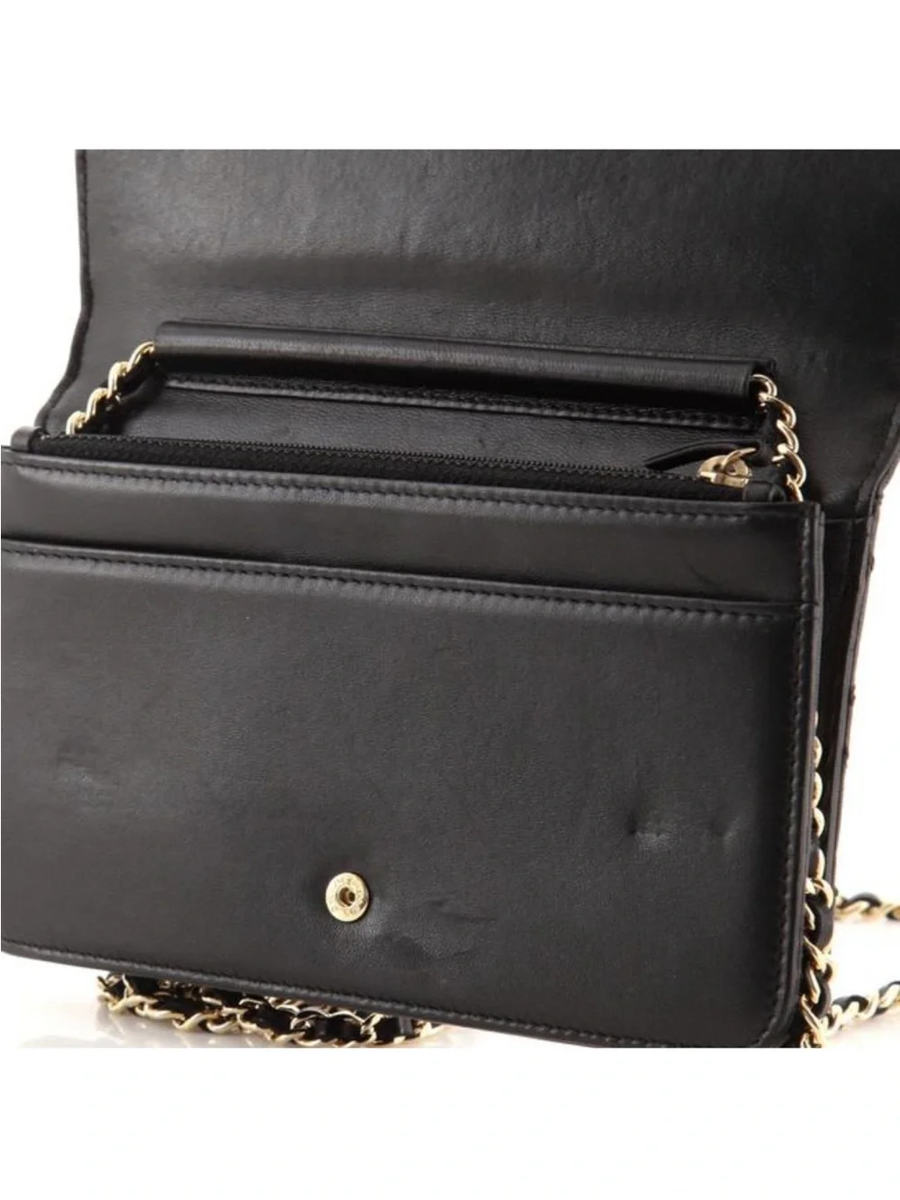 Chanel Black and Gold Quilted wallet on chain with pearl CC accent and chain